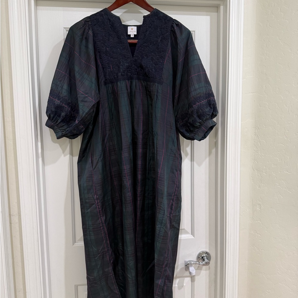 J. Marie Plaid Maxi Dress with Puff Sleeves - Dark Green